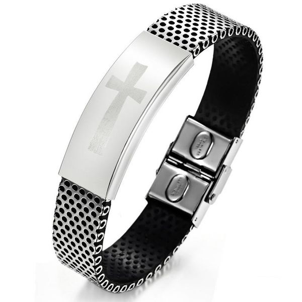 

silver black color fashion simple men's silicone cross bangle stainless steel bracelet watchband jewelry gift for men boys 764