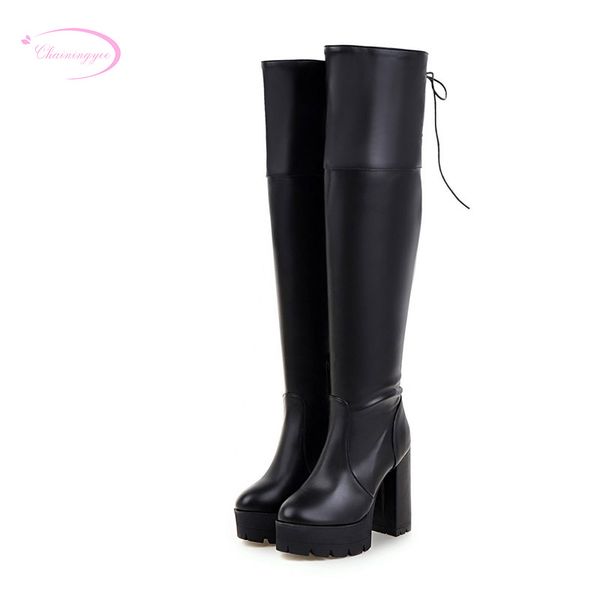 

chainingyee street round toe over knee high boots zipper belt buckle platform white high with thick heel women's riding boots, Black