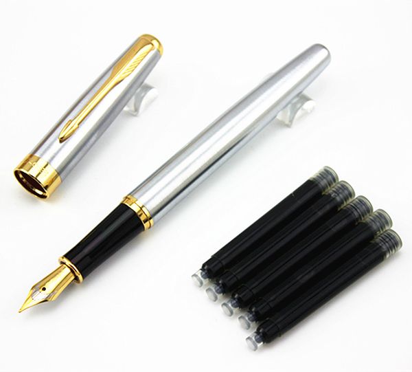 

baoer 388 silvery new listing 5pcs black ink and 0.5 mm fine nib student calligraphy luxury metal fountain pen