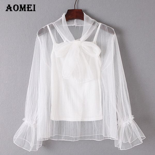 

women blouse solid shirts transparent mesh with spaghitte stap fashion chic spring blouses blusas new 2018 girls fashion, White