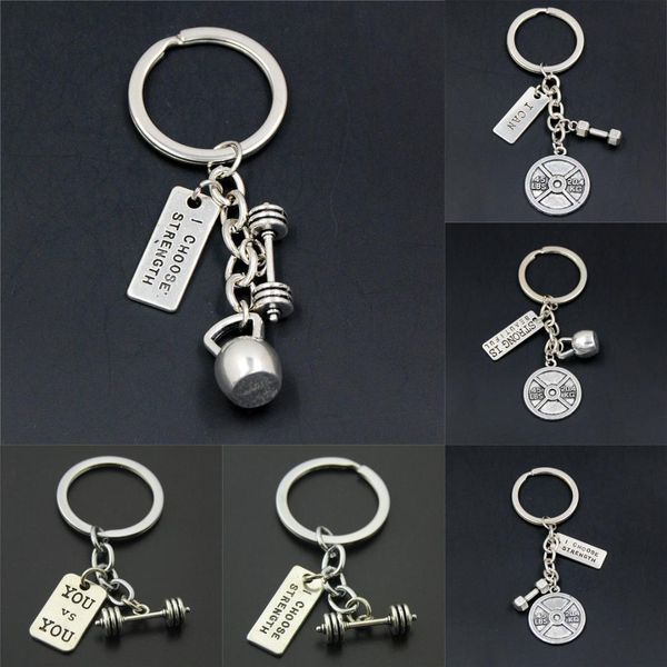

1pc strength sports barbell dumbbell charm weight fitness with words gym crossfit keyring keychain gifts for man, Silver