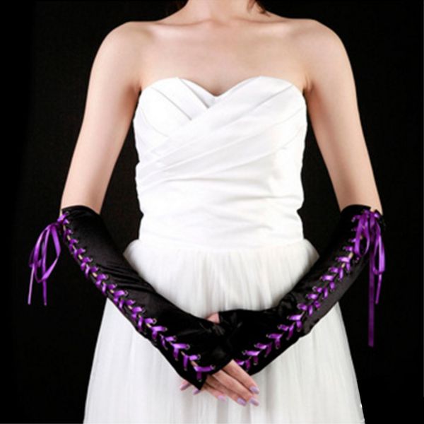 

women arm long satin cross straps play gloves black gothic punk opera stage catwalk show bar gloves fingerless, Blue;gray