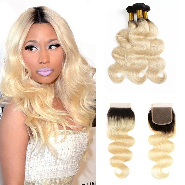 

ombre human hair bundles with closure t1b 613 brazilian body wave virgin hair weaves two tone dark root honey blonde hair extensions, Black;brown