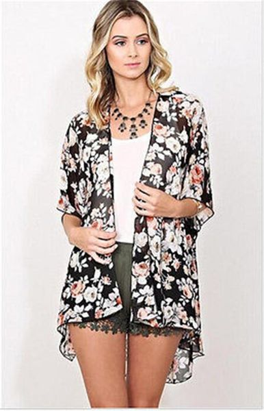 

bohemia women floral print chiffon kimono cardigan jacket blouse black s  l, White