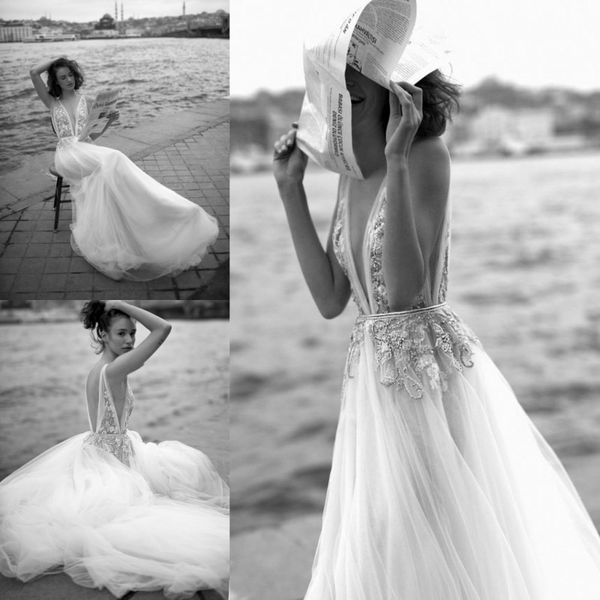 

liz martinez 2019 beach a line wedding dresses v neck beaded backless lace appliqued bridal gowns sweep train boho country wedding dress, White