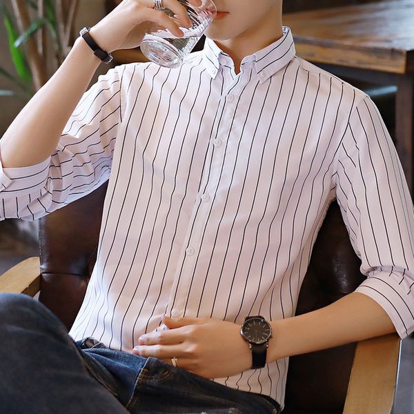 

mrmt 2018 brand men's shirts five-quarter sleeve shirt for male summer slim vertical stripes shirt, White;black