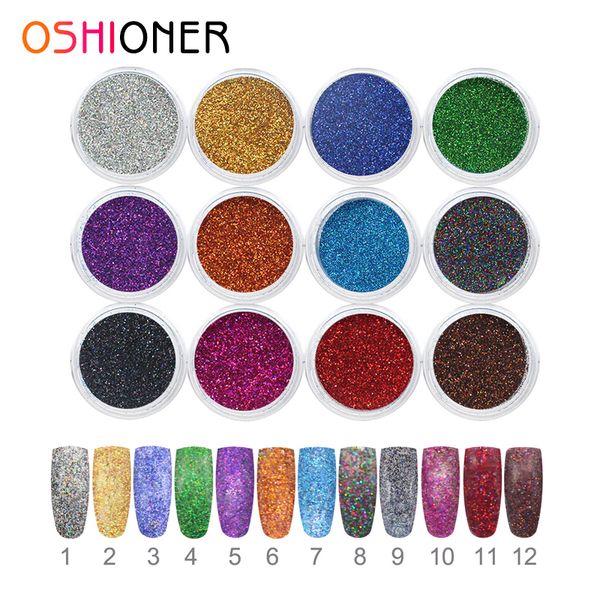 

oshioner 12 color nail art glitter powder gradient laser glitters powder nail bright sequins colorful starry fine, Silver;gold