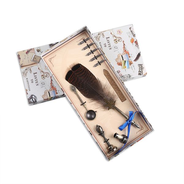 

european retro feather pen set advertising creative fountain pen teacher's day birthday gift beautiful writing tools +5 nibs