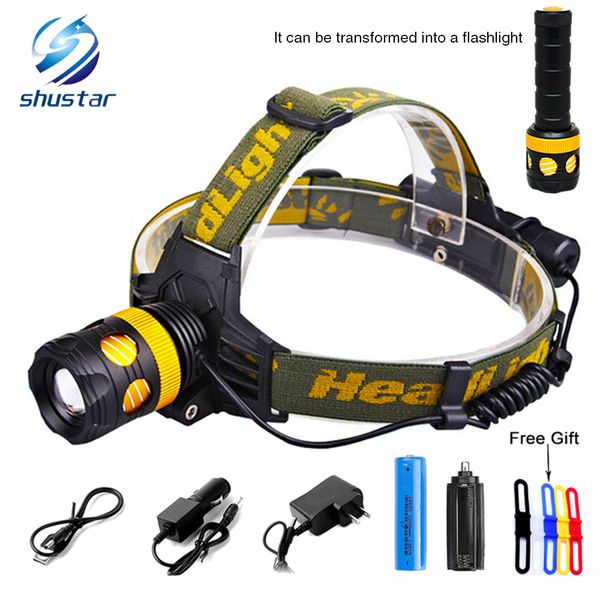 

shustar 5000lumens detachable headlamp becomes flashlight l2/t6 zoomable headlight waterproof head torch give gift