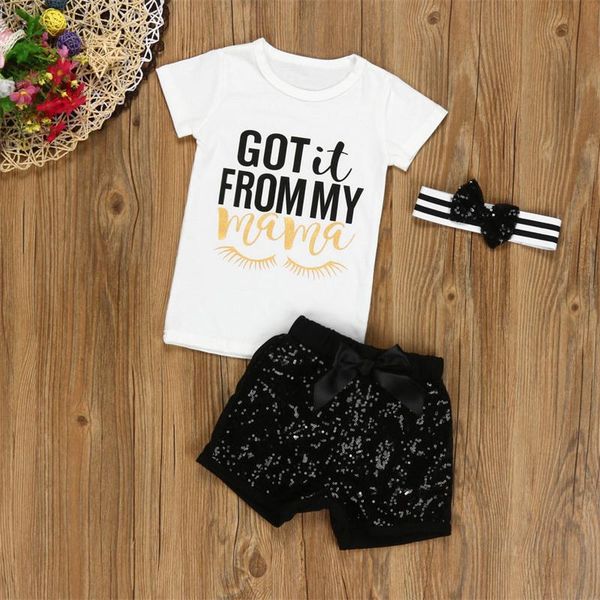 

summer girls clothing sets kids clothes newborn baby got it from my mama letter print white t shirt+black sequin pants+headband outfits