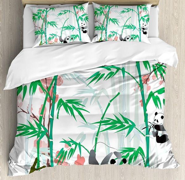 Bamboo Duvet Cover Set Giant Woody Grass Bamboos And Panda Bear