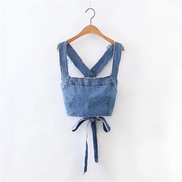 

Fashion Summer Crop Top Sexy Criss-cross Lace-up Backless Vintage Denim Tank Top Women Hollow Out Camisole Blusa, Blue