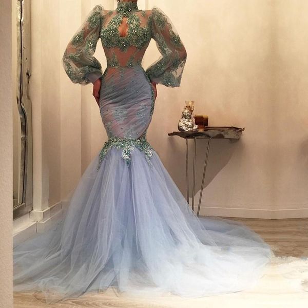 

long sleeves mermaid evening dresses 2019 high neck appliques lace tulle arabic prom dresses floor length light sky blue formal dresses, Black;red