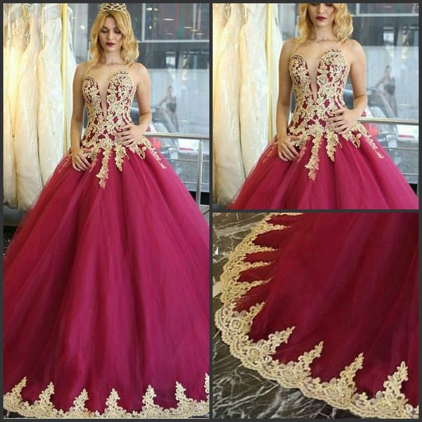 

strapless deep v plunging burgundy organza ball gown gold lace appliqued beautiful evening gowns avondjurken gala jurken dames, Black;red