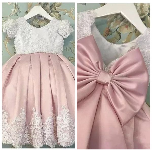 

2019 lovely formal lace appliques flower girl dresses ball gown girls pageant dresses beaded pearls bow sash wedding party communion wear, White;blue