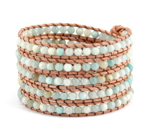 

fashion 5 strands amazonite stone leather wrap bracelet beaded statement bracelet vintage leather jewelry wholesale dropship, Golden;silver