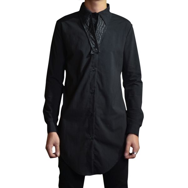

autumn men's fashion slim shirt personality long black men's thin shirt, White;black