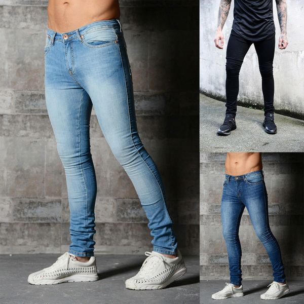 

2018 jeans-man new classical fashion mens biker pants cotton solid color slim fit motorcycle elasticity jeans skinny male denim, Blue