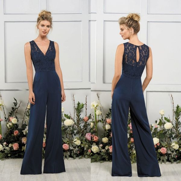 2018 Jasmine Jumpsuits Brautjungfernkleider V-Ausschnitt Dark Navy Trauzeugin Kleider Strand Günstiges Hochzeitsgast-Partykleid Vestidos De Novia