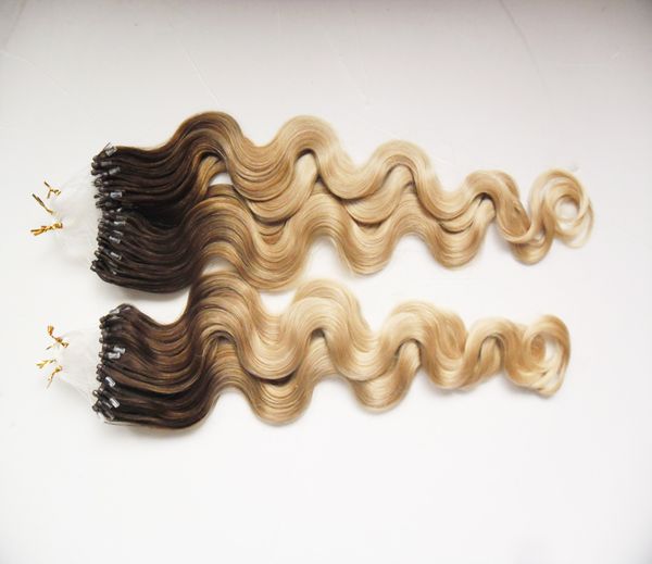 Ombre remy corporal onda cabelo laço micro anel anel humano cabelo extensões dica 200g 4 cor marrom 613 loira micro pêlos pedaço de cabelo