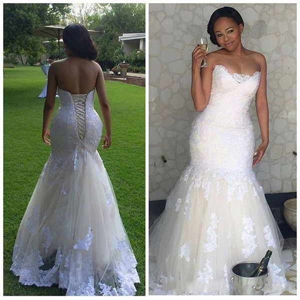 

Elegant Africa Lace Mermaid Wedding Dresses 2019 Plus Size Corset Back Sweetheart Bridal Gowns Vestidos De Novia