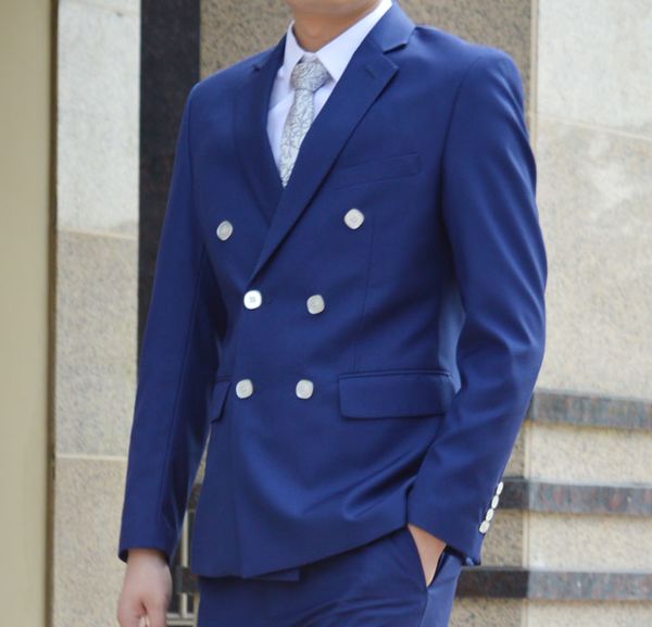 

royal blue men's slim fashion groom prom wedding dress customized double breasted 2 piece pants, White;black