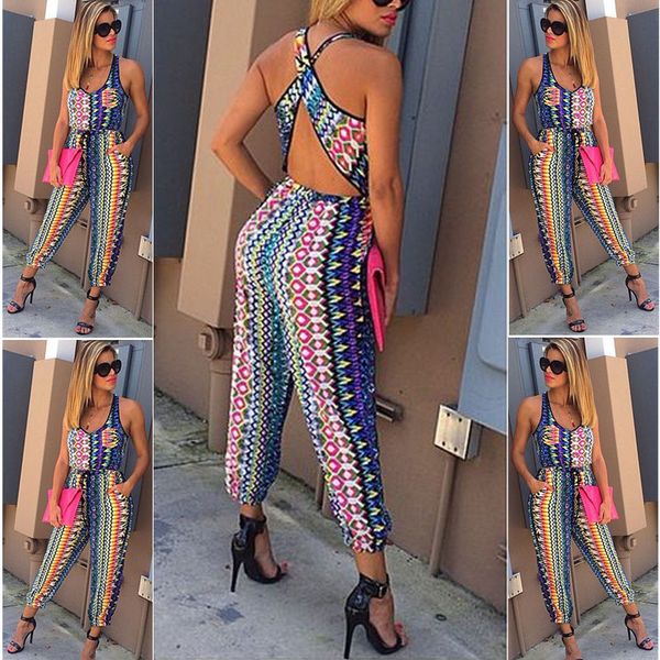 

new women girls sleeveless bodycon vintage style print cricc-cross back jumpsuit romper slim trousers casual pants, Black;white