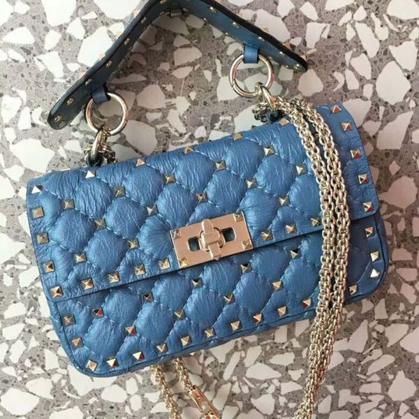 

women genuine leather fashion handbag ol diamond lattice metallic black cow leather print full starts stud evening small blue bag rock s20cm