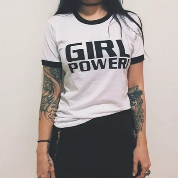 

girl power 90s vintage ringer t-shirt women feminism slogan tee casual short sleeve black white grunge tumblr fashion shirt