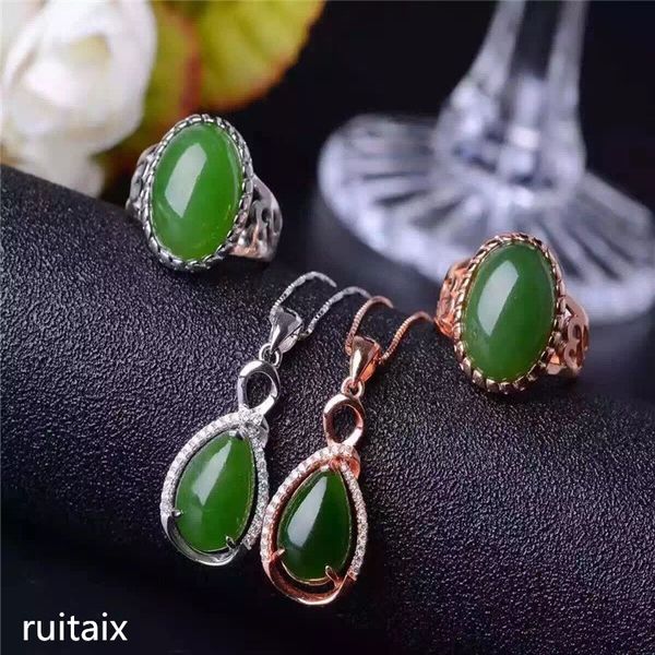 

kjjeaxcmy boutique jewels 925 sterling silver inlays natural hetian jasper ring + necklace + pendant earrings set jewelry hollow, Black