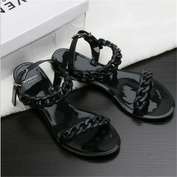 

europe and the united states new plastic chain beach shoes candy color jelly sandals chain flat bottomed out sandals, Black