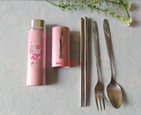 

wholesale-hellokitty rustless steel tableware box 3 piece chopsticks fork spoon