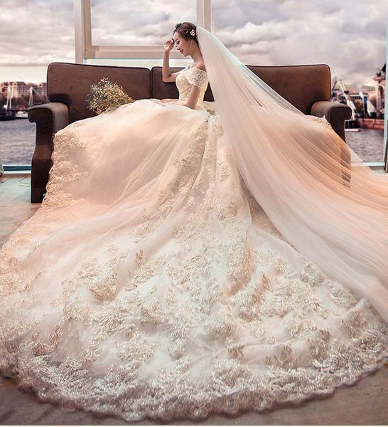

vestido de noiva luxury new 2018 long train wedding dresses plus size lace appliques bridal weding gowns arabic weding dress robe de mariage, White