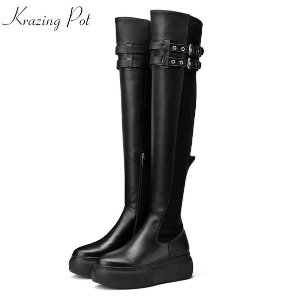 

krazing pot new genuine leather stretch thigh high boots round toe cowboy runway increased buckle rivets over-the-knee boots l97, Black
