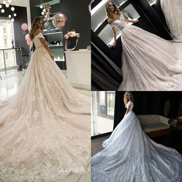 

2019 a line country wedding dresses off shoulder lace appliques sweep train beaded sequins grey pink bridal gowns gorgeous wedding dress, White