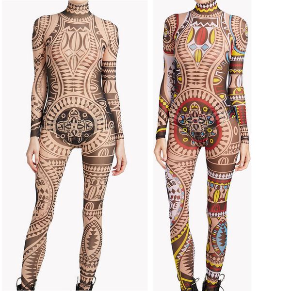 Bühnenabzug plus Größe Frauen Tribal Tattoo Drucken Mesh Jumpsuit Romper Curvy African Aztec Bodysuit Comerity Catsuit Trainingsanzug