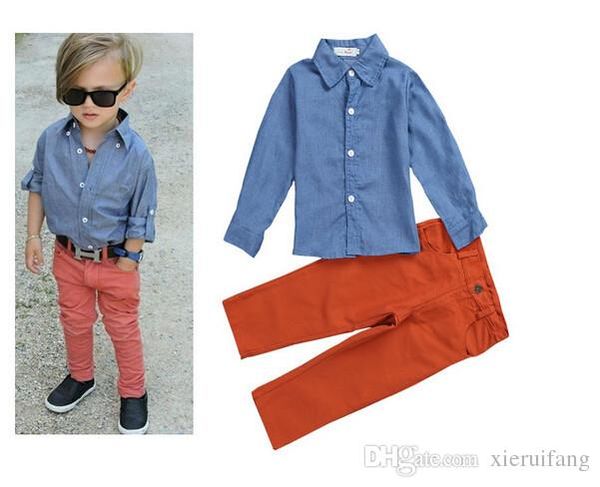 

2017 детская одежда набор осень и весна мальчики джинсовый костюм хлопок набор с длинным рукавом + джинсы брюки, White