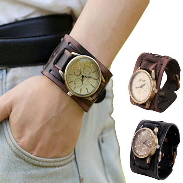 

selling new retro punk rock brown big wide leather bracelet cuff men watch quartz wrist watches horloges xfcs saat clock, Slivery;brown