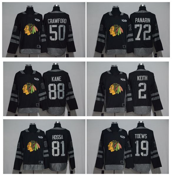 

100th anniversary chicago blackhawks hockey jersey 2 duncan keith 19 jonathan toews 88 patrick kane 50 corey crawford 72 panarin 81 hossa, Black;red