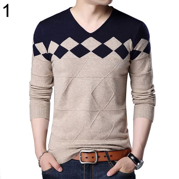

men's fashion v-neck color splicing knit pullover long sleeve sweater warm top, White;black
