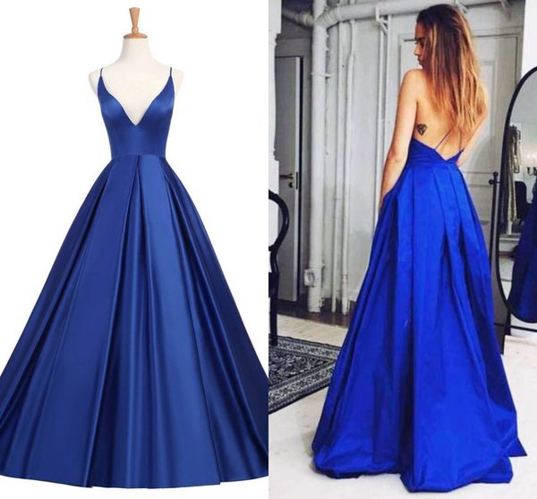 

2018 simple royal blue satin evening dresses long a line prom dresses evening party dress evening gown open back robe de soiree, Black;red