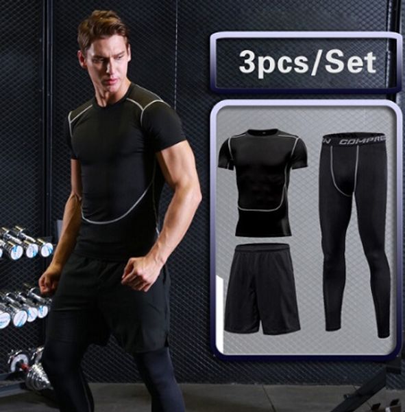 

men's gym training fitness sportswear tights slim clothes running workout tracksuit suits quick drying fit high elastic clothing, White;black