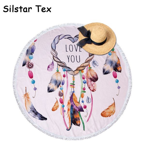 

silstar tex dreamcatcher with folwers printed bath blamket microfiber machine washable round beach towel with tassels