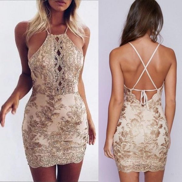 

2018 champagne halter lace sheath homecoming dresses bridesmaid appliques sleeveless criss cross backless cocktail mini prom dresses, Blue;pink