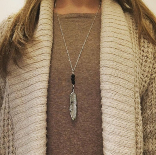 

mini black lava stone feather charm necklace aromatherapy essential oil perfume diffuser pendant necklace for women jewelry, Silver