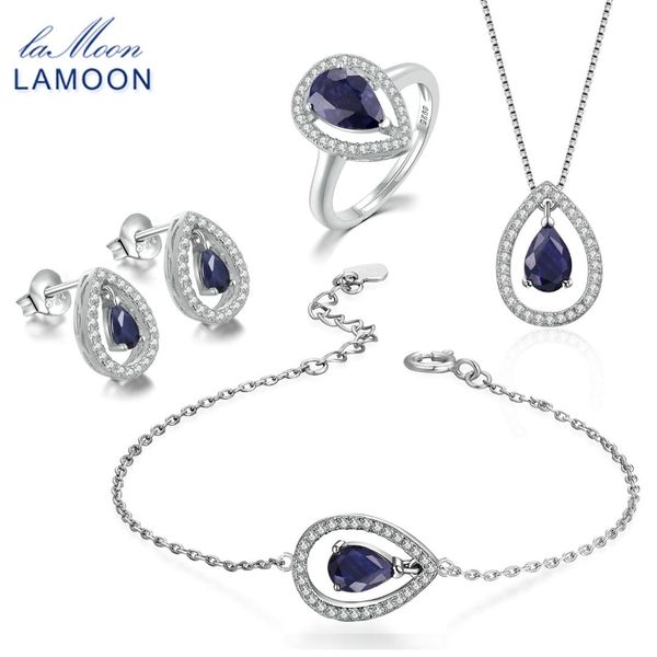 

lamoon 100% real natural sapphire 3x5mm blue gemstone teardrop jewelry sets for women s925 sterling silver fine jewelry v040-1, Black