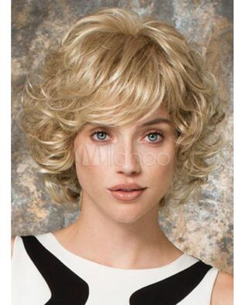 

12-inch chic blonde women's curly ends short fiber wig with layered bangs, Black;brown