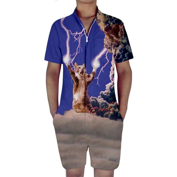 

fashion short sleeve mens rompers casual printing men bodysuit jumpsuit overall short cargo pant clothing cat thundercat, Gray