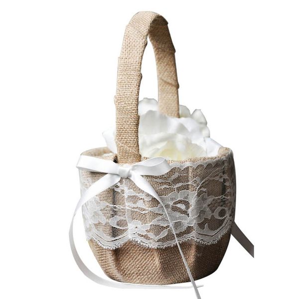 

flower girl basket for party wedding decoration vintage retro lace bow festival diy bowknot satin basket wedding supplies hh7-1289