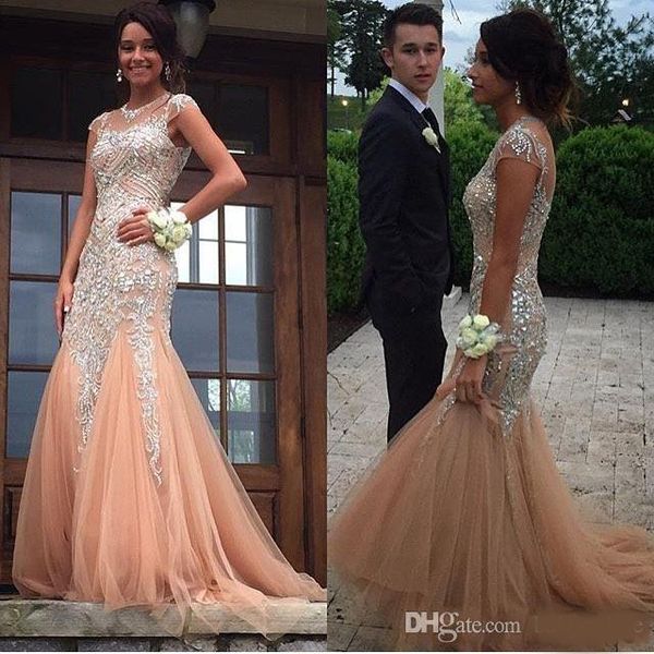 

2020 new luxury champagne major beading evening dresses cap sleeves sheer crew neck beaded crystals mermaid elegant fitted long prom dresses, Black;red